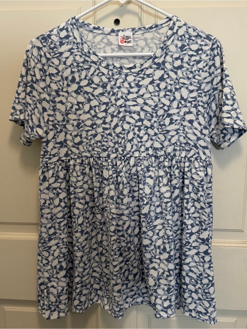 Blue White Printed Short Sleeve Babydoll Top